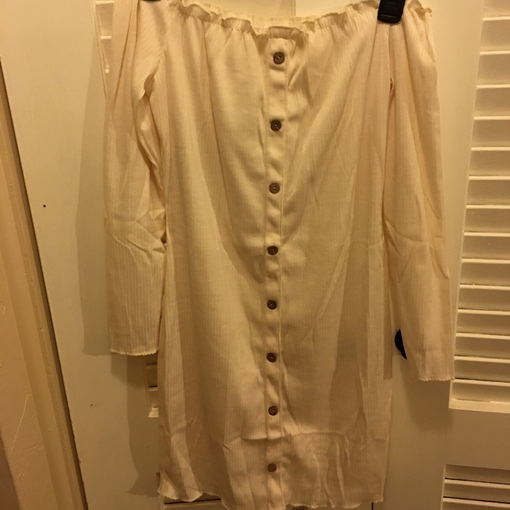 Creme, ruffled, button off the shoulder dress